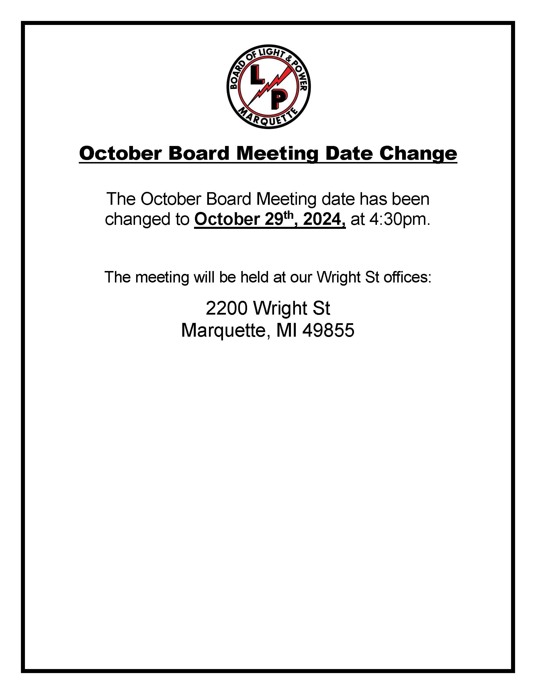 October 24′ Board Meeting Date Change