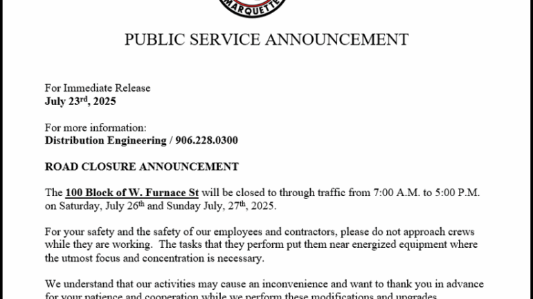 Road Closure – 100 Block of W. Furnace – 07/26/25 & 07/27/25