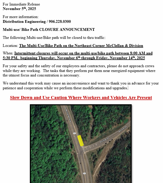Multi-use/ Bike Path CLOSURE ANNOUNCEMENT