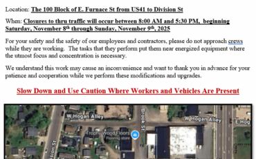 ROAD CLOSURE ANNOUNCEMENT – 100 Block of E Furnace St
