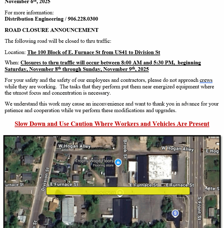 ROAD CLOSURE ANNOUNCEMENT – 100 Block of E Furnace St