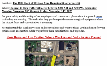 ROAD CLOSURE ANNOUNCEMENT – 1500 Block of Division St