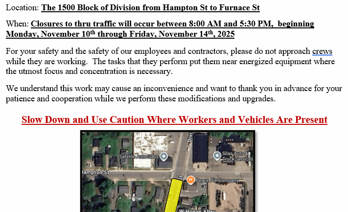 ROAD CLOSURE ANNOUNCEMENT – 1500 Block of Division St