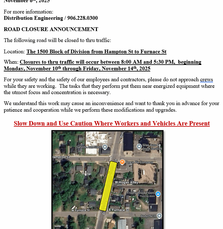 ROAD CLOSURE ANNOUNCEMENT – 1500 Block of Division St
