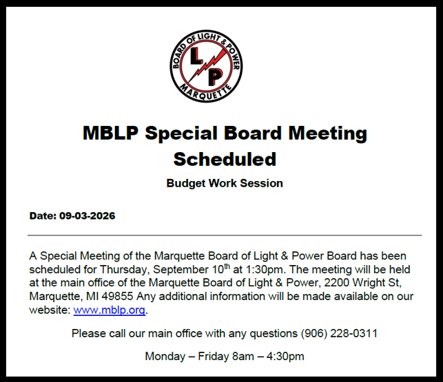 Special Board Meeting Scheduled – 09/10/26 – 1:30pm – Budget Work Session